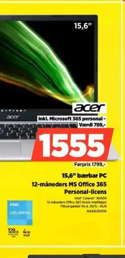 Power Acer 15,6" bærbar pc 12-måneders ms office 365 personal-licens tilbud