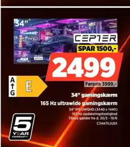 Power CEPTER 34" gamingskærm 165 Hz ultrawide gamingskærm tilbud