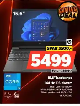 Power 15,6" bærbar pc 144 Hz IPS-skærm tilbud