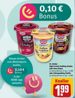 REWE DE Dr. Oetker High Protein Pudding Schoko oder Rote Grütze tilbud