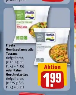 REWE DE Frosta Gemüsepfanne alla Toscana tiefgefroren, je 480-g-Btl. (1 kg = 4.15) oder Rahm Geschnetzeltes tiefgefroren, tilbud