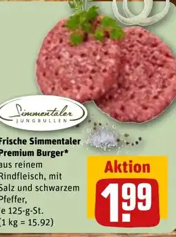 REWE DE Frische Simmentaler Premium Burger* aus reinem Rindfleisch, mit Salz und schwarzem Pfeffer, tilbud