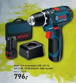 Johannes Fog Bosch 12 V boremaskine GSR 12V-15, inkl. 2 stk. 2,0 Ah batterier, lader og taske tilbud
