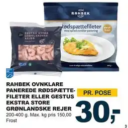 Let-Køb RAHBEK OVNKLARE PANEREDE RØDSPÆTTEFILETER ELLER GESTUS EKSTRA STORE GRØNLANDSKE REJER tilbud