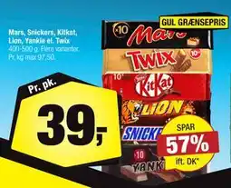 Calle Mars, Snickers, Kitkat, Lion, Yankie el. Twix tilbud