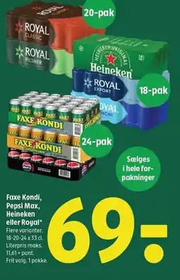 Coop 365 Faxe Kondi, Pepsi Max, Heineken eller Royal tilbud