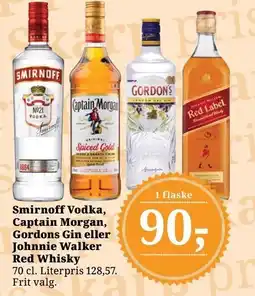 Dagli'Brugsen Smirnoff Vodka, Captain Morgan, Gordons Gin eller Johnnie Walker Red Whisky tilbud