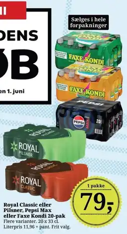 Dagli'Brugsen Royal Classic eller Pilsner, Pepsi Max eller Faxe Kondi 20-pak tilbud