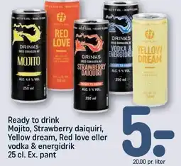 REMA 1000 Ready to drink Mojito, Strawberry daiquiri, Yellow dream Red love eller vodka & energidrik tilbud