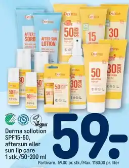 REMA 1000 Derma sollotion SPF 15-50, aftersun eller sun lip care tilbud