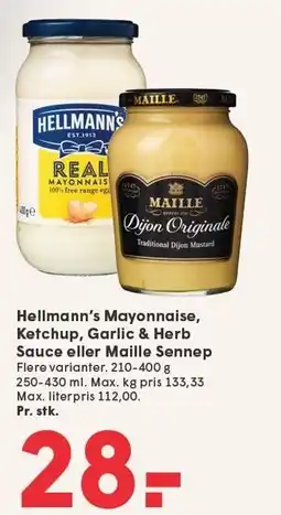 SPAR Hellmann's Mayonnaise, Ketchup, Garlic & Herb Sauce eller Maille Sennep tilbud