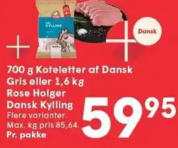 SPAR 700 g Koteletter af Dansk Gris eller 1,6 kg Rose Holger Dansk KYlling tilbud