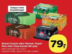 SuperBrugsen Royal Classic eller Pilsner, Pepsi Max eller Faxe Kondi 20-pak tilbud