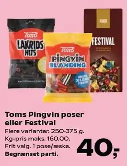 SuperBrugsen Toms Pingvin poser eller Festival 250-375 g tilbud