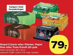Royal Classic eller Pilsner, Pepsi Max eller Faxe Kondi 20-pak