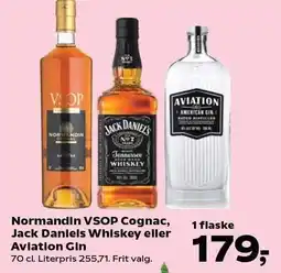 Kvickly Normandin VSOP Cognac, Jack Daniels Whiskey eller Aviation Gin tilbud