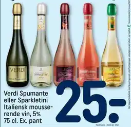 REMA 1000 Verdi Spumante eller Sparkletini Italiensk mousserende vin, 5% 75 cl. Ex. pant tilbud