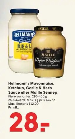 SPAR Hellmann’s Mayonnaise, Ketchup, Garlic & Herb Sauce eller Maille Sennep tilbud