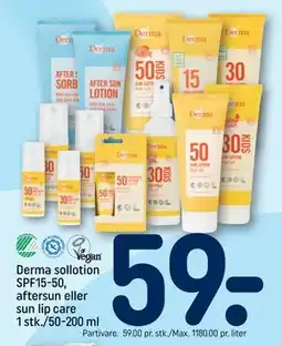 REMA 1000 Derma sollotion SPF15-50, aftersun eller sun lip care 1 stk./50-200 ml tilbud