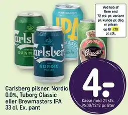REMA 1000 Carlsberg pilsner, Nodic 0.0%, Tuborg Classic eller Brewmasters IPA tilbud