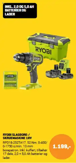 XL-BYG RYOBI Slagbore-/ skruemaskine 18V tilbud