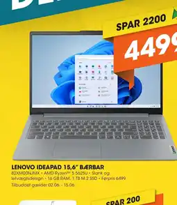 Expert LENOVO IDEAPAD 15,6" BÆRBAR 82XMOONJMX⚫ AMD Ryzen™ 5 5625U • Slank og tilbud