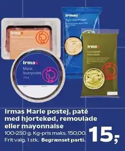 SuperBrugsen Irmas Marie postej, paté med hjortekød, remoulade eller mayonnaise tilbud
