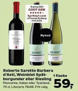 SuperBrugsen Roberto Sarotto Barbera d'Asti, Weinbiet Spätburgunder eller Riesling tilbud