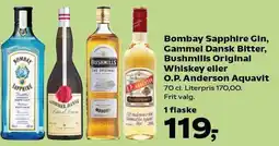 SuperBrugsen Bombay Sapphire Gin, Gammel Dansk Bitter, Bushmills Original Whiskey eller O.P. Anderson Aquavit tilbud