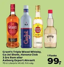 SuperBrugsen Grant's Triple Wood Whisky, Ga-Jol Shots, Havana Club 3 års Rom eller Aalborg Export Akvavit tilbud