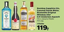 Kvickly Bombay Sapphire Gin, Gammel Dansk Bitter, Bushmills Original Whiskey eller O.P.Anderson Aquavit tilbud