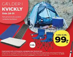 Kvickly 2-personers telt, luftmadras, sovepose eller festival stol tilbud