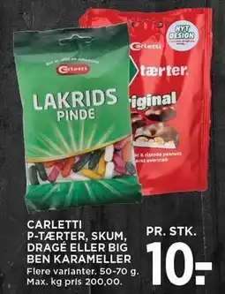 MENY CARLETTI P-TÆRTER, SKUM, DRAGÉ ELLER BIG BEN KARAMELLER tilbud