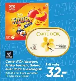 Bilka Carte d'Or isbæger, Frisko børneis, Solero eller Polar Is økologisk tilbud