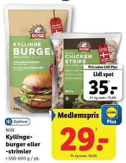 Lidl ROSE Kyllingeburger eller -strimler tilbud