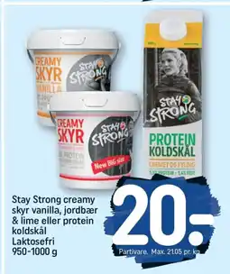 REMA 1000 Stay Strong creamy skyr vanilla, jordbær & lime eller protein koldskål Laktosefri tilbud
