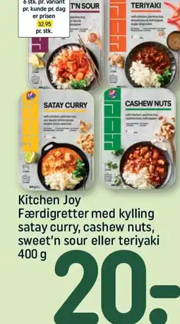 REMA 1000 Kitchen Joy Færdigretter med kylling satay curry, cashew nuts, sweet'n sour eller teriyaki tilbud