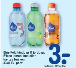 REMA 1000 Blue Keld hindbær & jordbær, B'free lemon lime eller Ice tea fersken 33 cl. Ex. pant tilbud