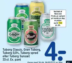 REMA 1000 Tuborg 0,0%, Tuborg sprød eller Tuborg Sunsæt 33 cl. Ex. pant tilbud