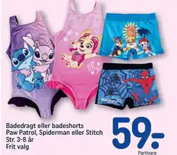 REMA 1000 Badedragt eller badeshorts Paw Patrol, Spiderman eller Stitch tilbud