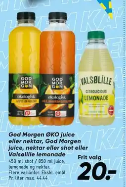 Bilka God Morgen ØKO juice eller nektar, God Morgen juice, nektar eller shot eller Valsølille lemonade tilbud