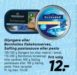 Bilka Glyngøre eller Bornholms fiskekonserves, Salling pastasauce eller pesto tilbud