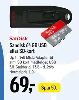 Føtex Sandisk 64 GB USB eller SD-kort tilbud