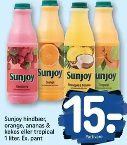 REMA 1000 Sunjoy hindbær, orange, ananas/kokos eller tropical 1 liter. Ex. pant tilbud