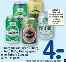 REMA 1000 Tuborg Classiv, Grøn Tuborg, Tuborg 0,0%, Tuborg sprød eller Tuborg Sunsæt tilbud