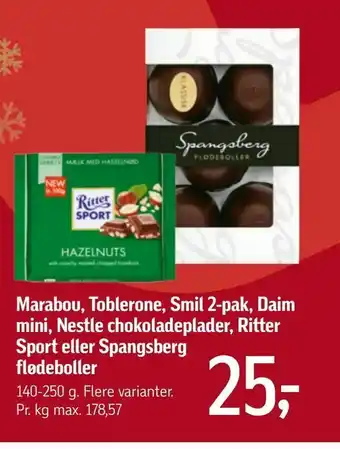 Føtex Marabou, Toblerone, Smil 2-pak, Daim mini, Nestle chokoladeplader, Ritter Sport eller Spangsberg flødeboller tilbud