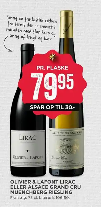 MENY Olivier & lafont lirac eller alsace grand cru muenchberg riesling tilbud