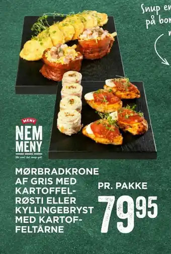Mørbradkrone af gris med kartoffel­ røsti eller kyllingebryst med kartof­ feltårne
