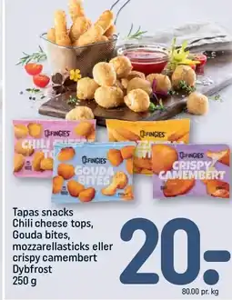 Tapas snacks Chili cheese tops, Gouda bites, mozzarellasticks eller crispy camembert