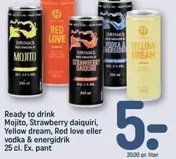 REMA 1000 Ready to drink Mojito, Strawberry daiquiri, Yellow dream, Red love eller vodka & energidrik tilbud